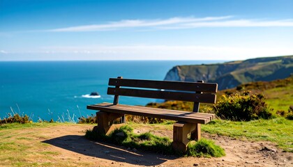 Obraz premium Serene Coastal Bench: Ocean View from Clifftop