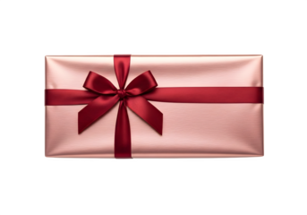 Elegant gift wrapped in rose gold paper isolated on transparent background, tied with a red ribbon, perfect for a special occasion, top view shot