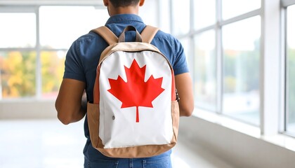Man carrying backpack with Canadian flag