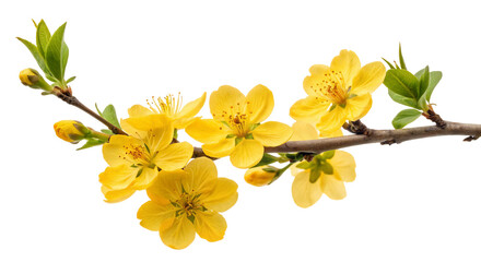 Beautiful yellow flower blossoms on a branch with green leaves in natural vibrant spring setting