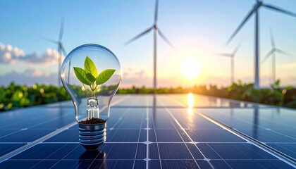 Solar panel with glowing bulb containing plant and blurred wind turbine background
