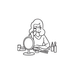 Black and white line art of a beautiful woman doing makeup at dressing table with mirror illustration