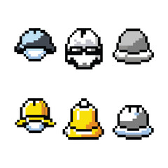 Hats and Headwear 8-Bit Pixel Art Icon Set. 6 Retro Cap and Helmet Sprites