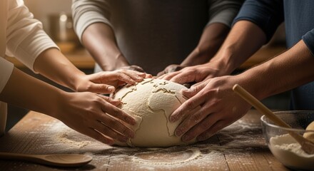 Multiple hands kneading dough together on a wooden table for homemade bread.