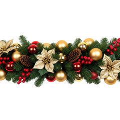 christmas garland with gold and red baubles, gold poinsettias, pinecones and red berries on transparent background