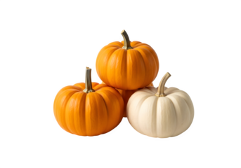Three pumpkins, two orange and one white, are stacked on top of each other isolated on transparent background, perfect for fall and halloween themes