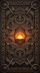 symmetrical design in a Dwarven fantasy art style, a central glowing forge-heart or an ornate anvil is surrounded by interlocking geometric patterns and Norse runes, crafted from chiseled stone