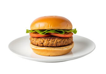 Plant based burger on a white plate isolated on transparent background, a delicious and healthy alternative to traditional meat burgers