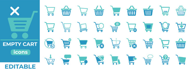  editable empty cart vector icons flat style, ideal for ecommerce, shopping app UI, online store design essentials