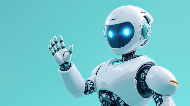 A friendly, futuristic white robot with glowing blue eyes waves hello against a vibrant blue background, symbolizing AI, technology, and interaction