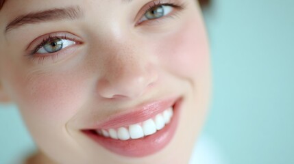 Close up of a woman with green eyes and a perfect white smile, showing health and beauty. Dental care and medical concept.