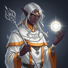 Serene Male Elf with Ebon Skin & Pale Hair Holding Glowing Scepter and Light Orb