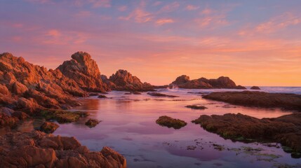 Obraz premium Coastal sunset scene red rocks calm ocean pink sky calm water sea coastline