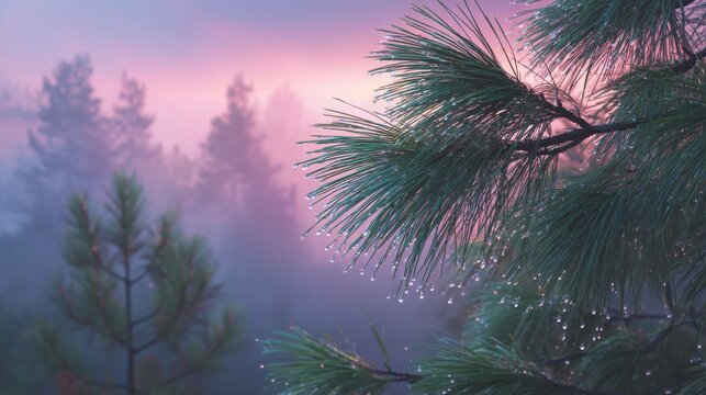 Pine tree branch with dew drops at sunrise misty forest background Nature