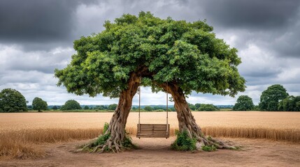 Tree swing in wheat field