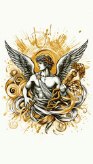 Illustration of winged Hermes. Greek god of messengers and speed, mythological art.