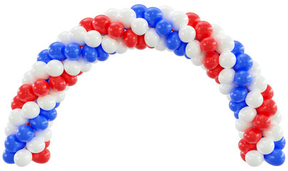 3D render balloon arch entrance. White, blue and red Balloons in the Shape of an Arc, Gate, or Portal on a white background. 3d png illustration.