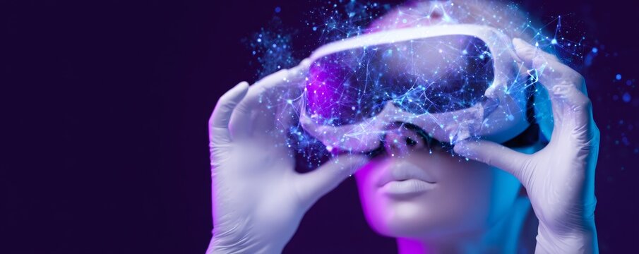 Scientist woman wearing virtual reality headset with glowing plexus. Future of medical research, genetic engineering and artificial intelligence. - Powered by Adobe