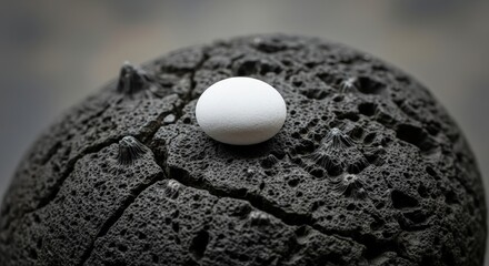 Small white sphere resting on a dark porous cracked surface.