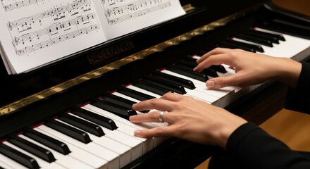 Hands playing piano with sheet music and musical notes.