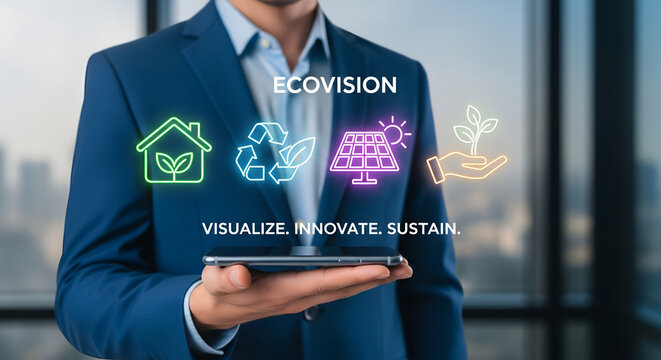 Businessman holding smartphone displaying eco vision and sustainable future icons with city background - Powered by Adobe