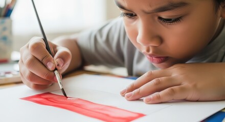 Young child painting with watercolors at home.