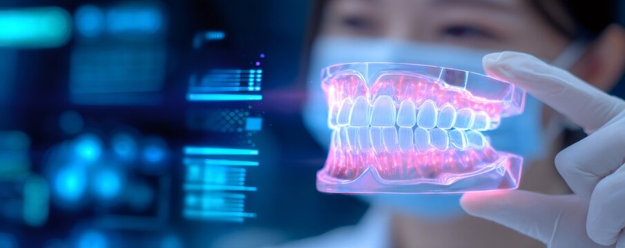 Woman dentist holding a glowing 3D printed teeth model. Prosthesis jaw showing the concept of digital dentistry and future of stomatology.