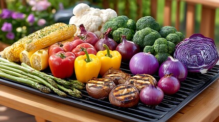 Assortment of fresh vegetables and grilled onions arranged on a grill grate