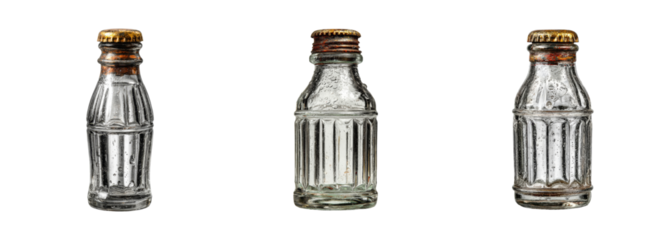 Retro glass soda bottles with textured caps on black background, isolated objects, vintage feel, ideal for beverage marketing or nostalgic design PNG set Transparent backround