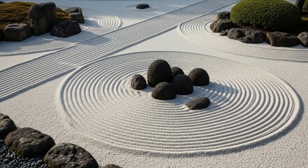 Japanese Zen Garden with Raked Sand and Rocks.