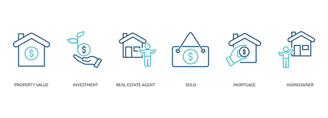 real estate outline color banner icon of property value, investment, real estate agent, sold, mortgage, homeowner
