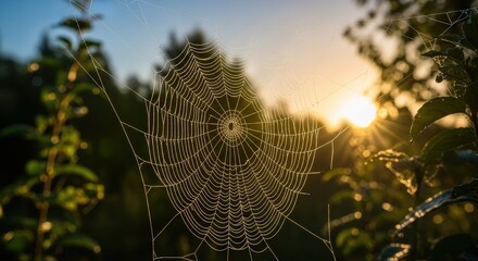 Delicate spider web covered in morning dew at sunrise.