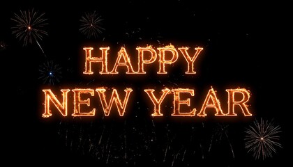 Glowing fiery text "Happy New Year" with firework explosions on a black background
