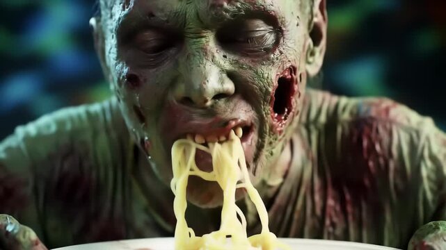 A close-up, grotesque depiction of an undead entity with visible decay and exposed flesh, messily eating a plate of spaghetti, creating a chilling and unsettling atmosphere.