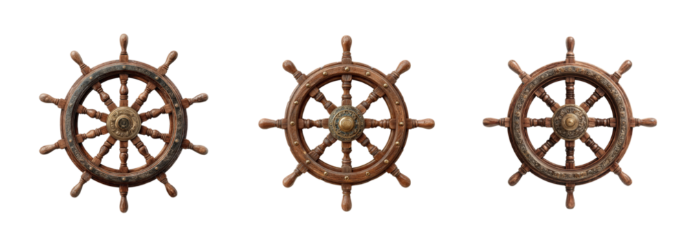 Vintage Ship Steering Wheel Collection, Nautical Symbol, Control, Direction, Maritime, Travel PNG Set Transparent Background - Powered by Adobe