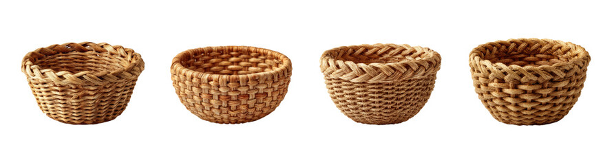 Obraz premium Diverse Woven Basket Collection, Natural Tan Raffia Craftsmanship, Rustic Farmhouse Accent, Isolated PNG Set Transparent Background