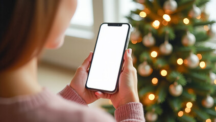 a phone with an empty white screen in hands against the background of a Christmas tree