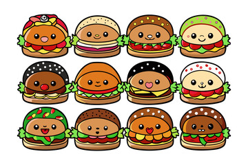 Adorable Cartoon Burgers A Fun and Colorful Illustration Showcasing Delicious, Cheerful Characters of Sandwiches, Perfect for Fast Food or Food-Related Projects