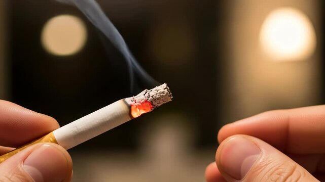 Close-up of a lit cigarette held between fingers, smoke rising.