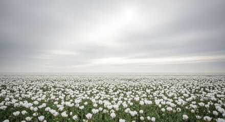 Vast Field of White Cotton Flowers Under a Bright Cloudy Sky.