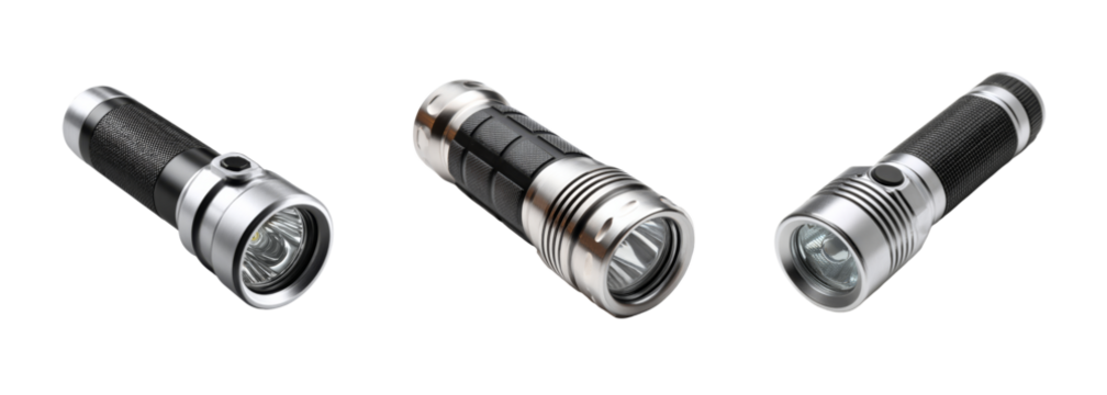 Three sleek metallic flashlights on a black background, ideal for safety, adventure, and technology visuals PNG set Transparent backround