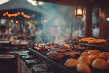 Meat and sausages are grilled over a hot fire outdoors.