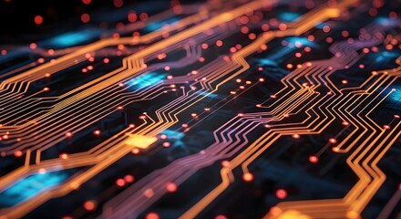 Fototapeta premium Futuristic 3D circuit board with glowing electronic components. Advanced computing and server hardware technology. A CPU processing complex data on a glowing motherboard.