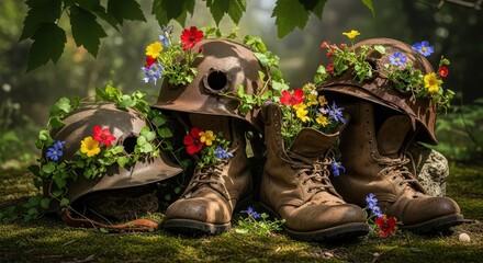 Military Helmets and Boots Overgrown with Colorful Wildflowers.