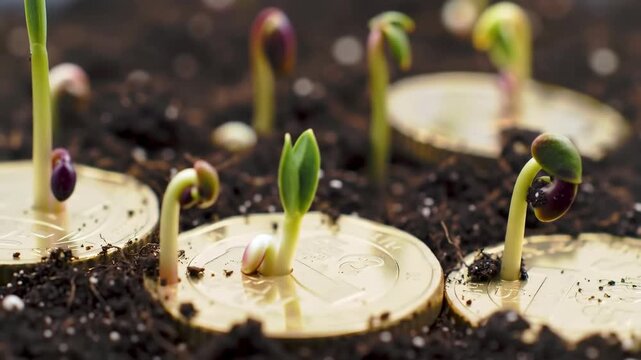 Sprouts emerge from coins in soil, symbolizing financial growth - Powered by Adobe