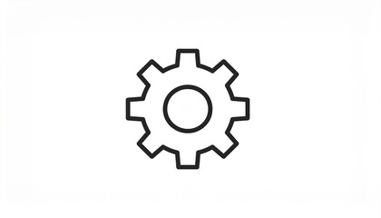 Black outline gear icon on white background, symbolizing settings, machinery, configuration, and technology concepts for web and apps.