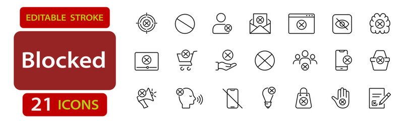 Blocked line icons. Editable stroke vector set for warning, restriction and error messages