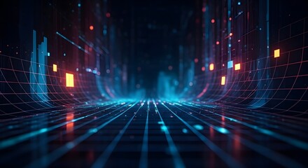 Fototapeta premium Abstract futuristic data highway tunnel with glowing grid. Big data and metaverse concept. High-speed information flowing through a virtual reality digital landscape.