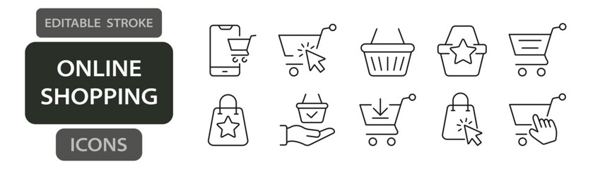 Online shopping line icons. Editable stroke vector set with carts, bags, and checkout © Cezar_911