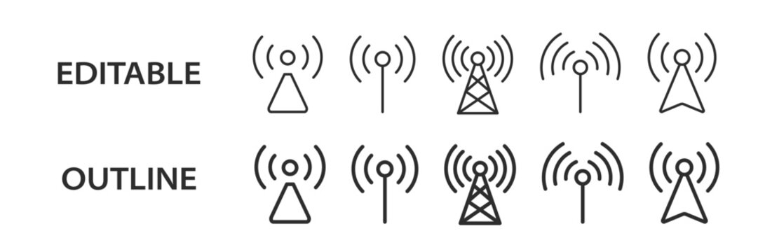 Signal tower line icons. Editable stroke vector set for wifi, communication, and network design